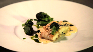 Poached Gigha halibut with smoked almond pesto and Attilus caviar butter sauce
